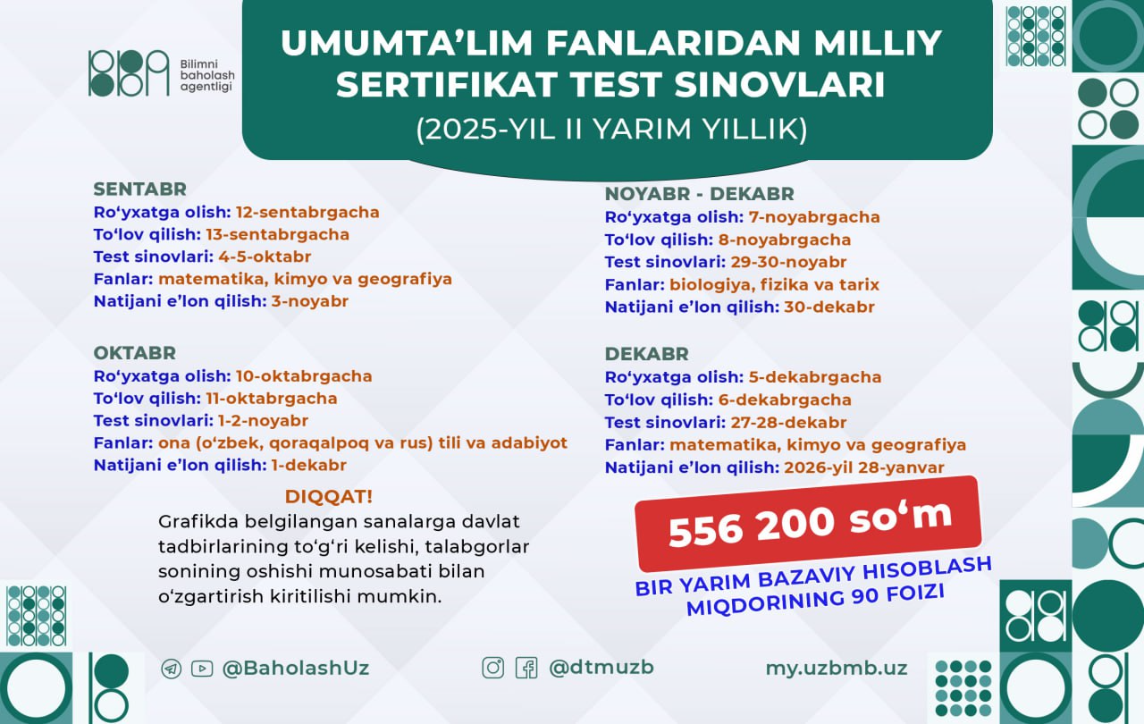 Umumta'lim fanlaridan 2025-yilning 2-yarmida bo‘lib o‘tadigan milliy sertifikat imtihonlari